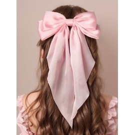 Furling Pompoms Hair Bows Clips for Women Large Bow Clips for Girls Satin Long Tails with Alligator Clips Big Hair Bow Hair Accessories (Pink Blue)