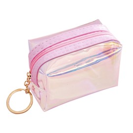 AdiStylinno Coin Purse for Women, Shining Clear Small Coin Pouch with Key Chain, Colored Change Card Holder Wallet (Pink)