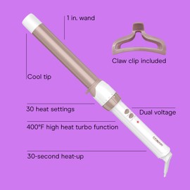 Conair Double Ceramic 1-Inch Curling Wand with Claw Clip, Produces Flawless Waves, Curling Iron for Use on Medium and Long Hair, 30 Heat Setting Curling Iron, White