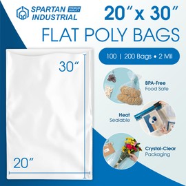 Spartan Industrial - 20" X 30" Open-End Flat Poly Bags (100 Count) Heavy Duty 2 Mil Plastic Clear Bags for Packaging Bedding Sets, Uniforms, Home Decor (Bags Do Not Have Seal and Do Not Have Prints)