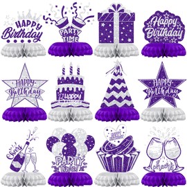 Purple and Silver Birthday Decorations – 12PCS Honeycomb Table Centerpieces for Women Adults – Happy Birthday Table Decor Party Supplies