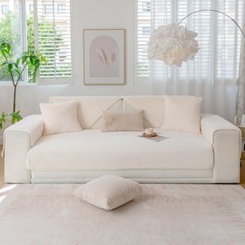 New Sofa Covers Washable - Soft Velvet Sofa Cushion Covers, Non-Slip Sofa Cover 2 3 4 Seater, Couch Covers for Sectional Sofa, Couch Cover L Shape Furniture Protector (Beige White, 70x70cm/1 Piece)