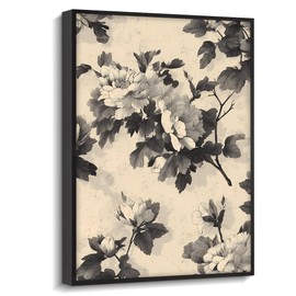 Framed Canvas Wall Art for Living Room Bedroom - Oriental Minimalist Peony Flower Wall Decor in Black and Beige - 12x16 Inch Asian Traditional Artwork Print