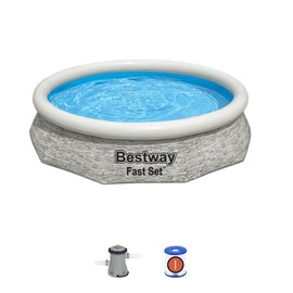 Bestway Fast Set 10' x 26" Inflatable Stacked Stone Design Outdoor Above Ground Backyard Swimming Pool Set with Filter Pump, Gray