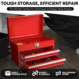 Auto Dynasty 14" Portable Tool Box Steel Metal Tool Boxes with 2 Drawers and 1 Top Storage Toolbox Organizer for Garage, Office and Home Storage, Red