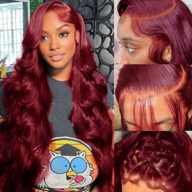22inch 99j Burgundy Lace Front Wigs Human Hair Pre Plucked 180% Density 13x6 Body Wave HD Transparent Lace Frontal Glueless Wigs Human Hair Red Wigs For Black Women Natural Hairline with Baby Hair