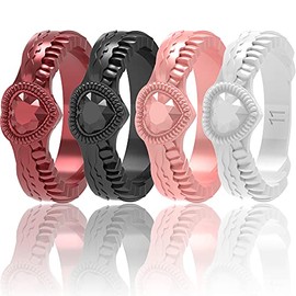 Zollen Silicone Wedding Rings for Women 4/7 Packs - Stackable Silicone Rubber Wedding Bands - Innovative Heart Shaped Diamond and Wings Collection, Size 5