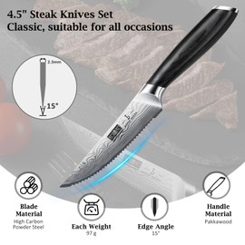 HOSHANHO Steak Knives Set of 6, 4.5 Inch Japanese Serrated Steak Knife Set, Ultra Sharp High Carbon Powder Steel Steak Knife with Pakkawood Handle
