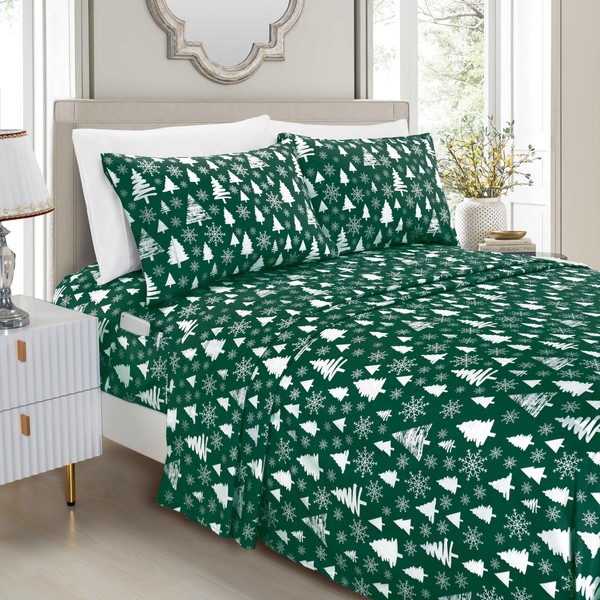 Elegant Comfort Luxury Soft Bed Sheets Holiday Pattern 1500 Thread Count Egyptian Quality Microfiber-Softness Wrinkle and Fade Resistant (6-Piece) Bedding Set, Queen, Hunter Green Christmas Tree