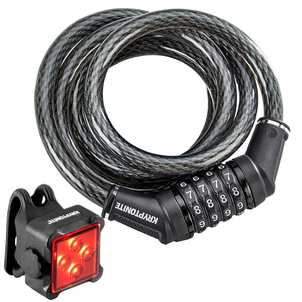 Kryptonite Combo Bike Lock Cable and Bike Light Set, 6ft. x 12mm Steel Cable with 4-Digit Resettable Combination for Outdoor Equipment, Bicycles, Scooters, Fence, Gate and Bright LED Bike Taillight