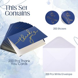 Gueevin 200 Pcs Thank You Cards with Envelopes & Foiled Stickers Bulk 3. 5 x 5 Inch Navy Blue Greeting Cards Foiled Thank You Notes for Wedding, Bridal Shower, Business, Graduation and More