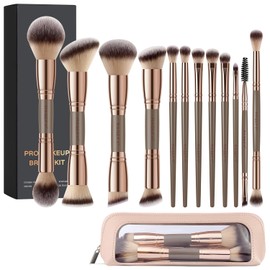 MAGEFY 12 Piezas Brochas para Maquillaje de Doble Función y Multifunción para Base, Polvos, Rubor, Delineador y Sombras, con Estuche y Caja de Regalo (Champán)