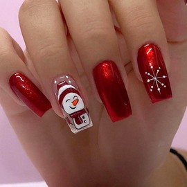 Christmas Cute Snowman Fake Nails Medium Square Winter Press on Nails White Snowflake Acrylic Nails with Red Solid Color Glue on Nails Glossy Xmas Stick on Nails for Women Girls