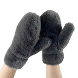 JIAHG Winter Warm Faux Fur Mittens for Women Girls, Soft Fluffy Full Finger Gloves Thick Plush Mittens Insulated Cold Weather Gloves Cute Thermal Windproof Mitts (Grey)