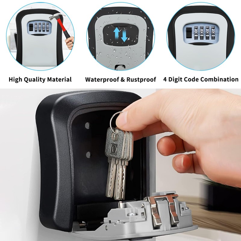 Key Lock Box, Resettable 4 Digit Combination Spare Key Safe