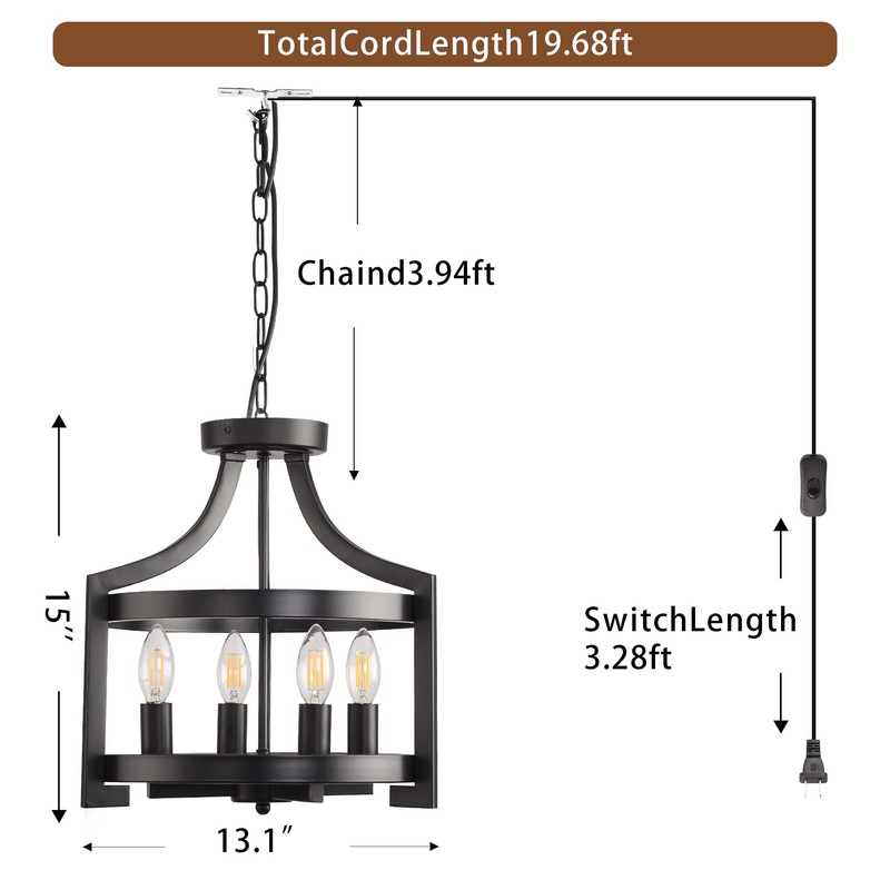 AOLALA Plug in Chandelier Black Farmhouse Pendant Light Fixture, Adjustable