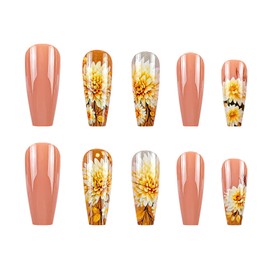 RUOKEXIN Coffin Press on Nails Long Fake Nails Brown False Nails with Daisy Designs Spring Glue on Nails Glossy Artificial Nails Cute Stick on Nails for Women 24Pcs