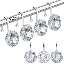 12PCS Shower Curtain Hooks Rings for Bathroom, Stainless Steel Rust Resistant Decorative Rhinestones Shower Curtain Rings Hangers for Shower Curtains, Clothing, Towels, etc. (Clear)