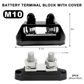 MUQIDA 2 PCS 3/8" M10 Dual Stud Bus Bar, 12V 200A Insulated Power Distribution Terminal Block with Cover, Positive Negative Dual Studs Battery Junction Post for Car RV Marine Boat