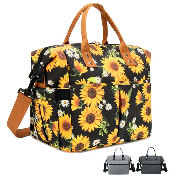Insulated Lunch Bag Large Lunch Box Container with Multi-Pockets Leakproof Cooler Tote Bag with Adjustable Shoulder Strap for Adult Men Women Work Office Picnic-Sunflowers