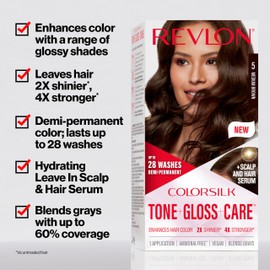 Revlon ColorSilk Tone + Gloss + Care Demi Permanent Hair Color, Dye Kit with Leave-In Scalp and Haircare Serum, 2x Shinier, 4x Stronger, 4 Dark Brown, 4.5 fl oz