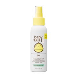 Baby Bum SPF 50 - Protector solar en aerosol mineral UVA/UVB para cara y cuerpo para piel sensible - Sin fragancia - Tamaño de viaje - 3 oz