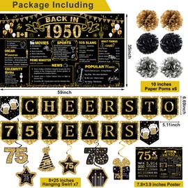 75th Birthday Decorations for Men Women,16PCS Back in 1950 Party Banner Decorations,Including Vintage Backdrop, Cheers to 75 Years Banner,Poster Anniversary Card,7 Hanging Swirl,6 Paper Poms
