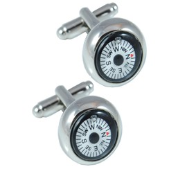 COLLAR AND CUFFS LONDON - PREMIUM Cufflinks with PRESENTATION GIFT BOX - Mini Magnetic Compass - Brass - White Round Face - Fully Rotating Compass - Silver Coloured Exterior