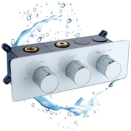 NPYSVSSS 2 Way Shower Diverter Thermostatic Valve, 3 Handle Multi Function Shower Valve, Brass Construction with Tempered Glass Panel, Concealed Mixing Valve Control Flow and On-Off Simultaneously