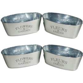 4 Pack - Oval Galvanized"Flowers & Garden" Metal Planter Pots - Perfect for Parties, Weddings & Decorations