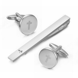 Asienice Silver Brushed Mens Cufflinks and Tie Clip set Engraved Cross Cuff Links Men Western Suit Accessories Jewelry, Luxurious, Metal, No Gemstone, Luxurious, Metal, No Gemstone