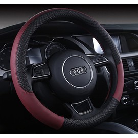 Follicomfy Automotive Leather Steering Wheel Cover Anti Slip Wrap 15",Wine Red