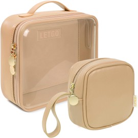 Travel Toiletry Bag for Women with Small Make Up Bag for Purse,Large Clear Toiletry Bag Lightweight Wide-open Travel Bag for Women, Cosmetic Makeup Bag Organizer(Handle-Sand, Large+Mini)