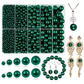Deep Green Pearl Beads for Jewelry Making, 1750pcs Deep Green Pearl Craft Bead with Hole 4mm 6mm 8mm 10mm 12mm Loose Spacer Bead for Necklace Bracelet Wedding Dress Decor