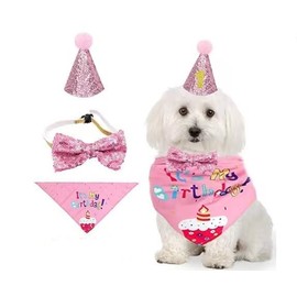SZMEINANZI Dog Birthday Bandana Set, Party Hat, Neckerchief, Ties, Accessory With Headwear Costume for Cats and Dogs (Pink)