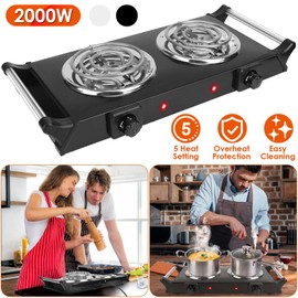KOCASO 2000W Portable Electric Stove for Cooking，Electric Dual Burner Coil Heating Hot Plate Stove Countertop RV Hotplate with 5 Temperature Adjustments Portable Handles，Black