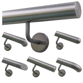 Stainless Steel Handrail, 42.4 mm Diameter, With Angled Bracket & Various End Pieces (Flat, Curved, Semi-Circular, Arch, Corner, Diagonal)