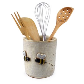 Modern Artisans American Made Stoneware Pottery Countertop Utensil Caddy Jar with Busy Bees Motif