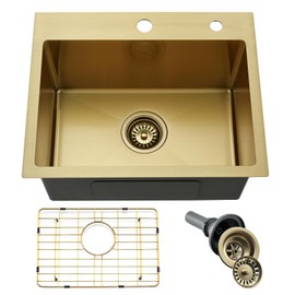 Jshozzy Gold Bar Sink, 20" x 16" Drop in Kitchen Sink 16 Gauge Stainless Steel Single Bowl Small RV Deep Basin with Drain Strainer