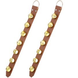 Frienda Hanging Jingle Sleigh Bells 7-Bell Dog Doorbells for Door Knob Faux Leather Belts Dog Training Bells Christmas Decor and Holiday Home Decorations, 18.7 x 1.8 x 1 Inches(Light Brown with Gold)