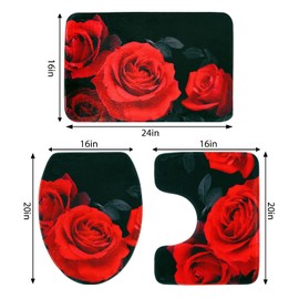 Bathroom Rugs and Mats Sets, Black Bath Mat, 3 Piece Bathroom Rug Set, Ultra Soft Absorbent Shaggy Thicken Non-Slip, Rose Bathroom Rugs, Bathroom Rug+U Shape Toilet Bathroom Mat+ Contour Bath Rug