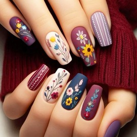24Pcs Winter Flower Press on Nails Medium Coffin Fake Nails Matte Acrylic Nails with Retro Floral Stripe Designs Coffin False Nails Cute Colorful Flowers Stick on Nails for Women Girls