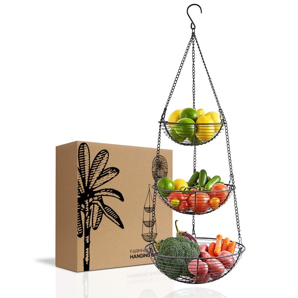 Regal Trunk & Co. 3 Tier Hanging Basket | Heavy Duty Rustic Country Décor Style Fruit and Vegetable | Kitchen Storage Organizer with Sturdy Metal Chain Hanging Hook and Detachable Round Wire Baskets