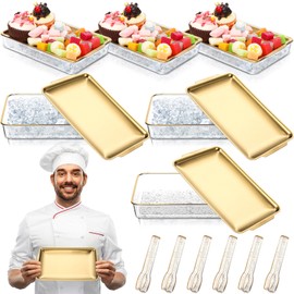Baderke 6 Set 8.7 x 5.5 Chilled Serving Tray for Parties with Tongs, Ice Chilled Party Platter Cold Serving Dish for Charcuterie Dip Fruit Seafood Vegetable Salad Appetizer Shrimp Cocktail(Gold)