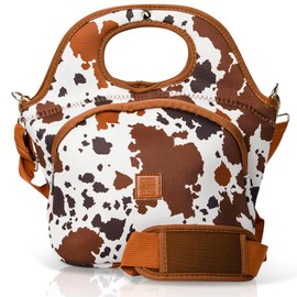 Made Easy Kit Large Insulated Lunch Tote Carrier for Women Men with Front Zipper Pocket, Soft Lightweight, Travel Ready with Padded Shoulder Strap & Magnetic Clasp Handle (Brown White Cow, Large)