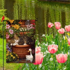 Lorugekyu Spring Tabby Cat & Duck Garden Flag Spring Summer Floral Flower Small Flag for Outside Burlap Double Sided Farmland Welcome Yard Lawn Winter Decor 12.5x18"