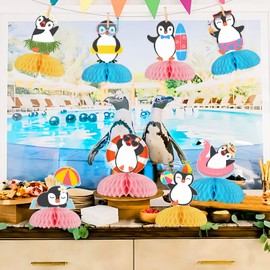 kreat4joy Penguin Party Decoration, 8pcs Penguin Honeycomb Centerpiece Summer Surfboard Double-Sided Printing Table Decoration for Penguin Arctic Animal Baby Shower Birthday Party Decoration