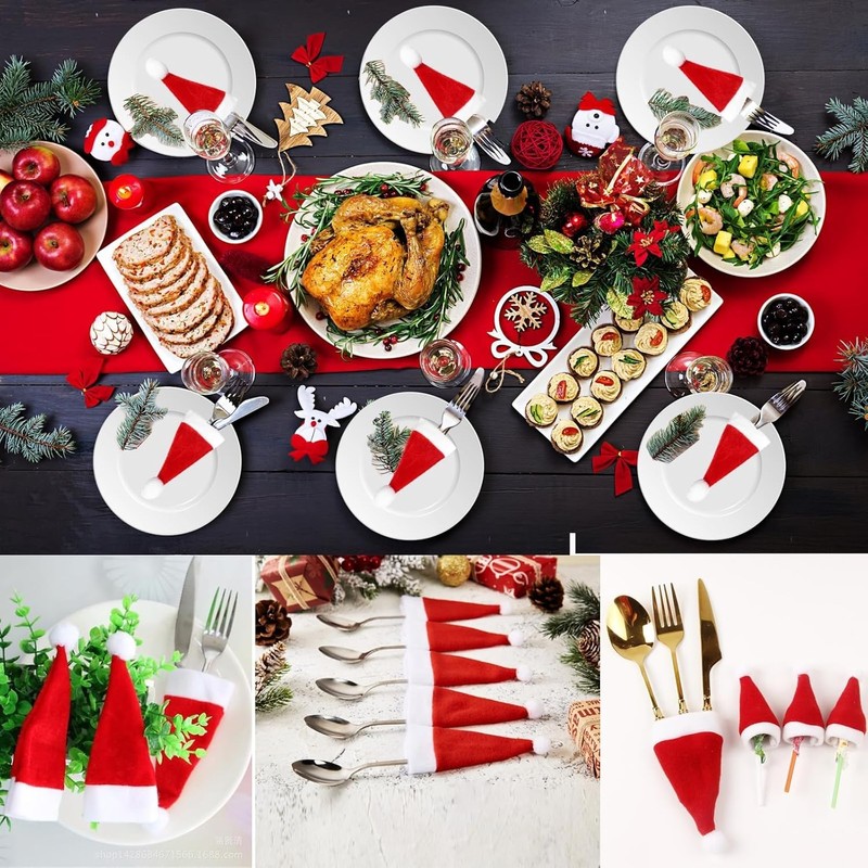 Huanmin Mini Christmas Hat, 30 Pieces Mini Christmas Cutlery Holder,