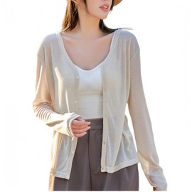 ENJHIKE Women's Thin Cardigan, Outerwear, UV Protection, Summer Cardigan, Open Front, Plain, V-Neck, Sheer, Long Sleeve, Cooling Protection, Hat, Knit Top, Button, beige