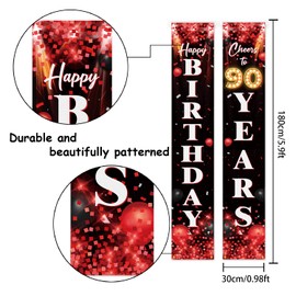Happy 90th Birthday Porch Sign Door Banner Decor Red and Black – Glitter Cheers to 90 Years Old Birthday Party Theme Decorations for Men Women Supplies